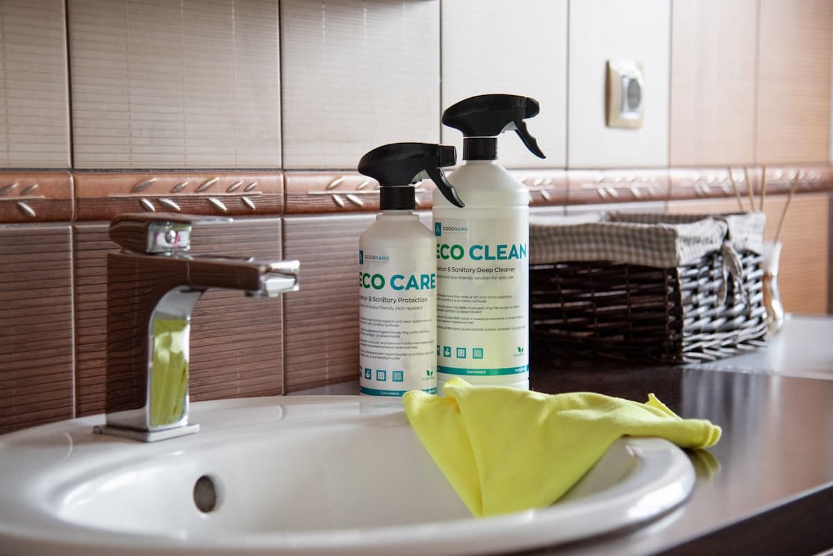 Bathroom cleaning products by a sink